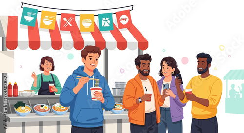 Cartoon illustration depicting people enjoying ramen at a street food stall with vibrant decorations