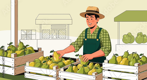 Cartoon illustration depicting a farmer selling fresh pears at a local farmers market stall full