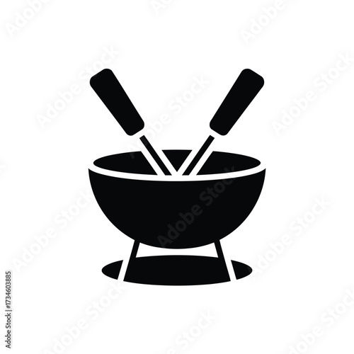 Simple black silhouette icon of a fondue pot with two forks ready for cooking