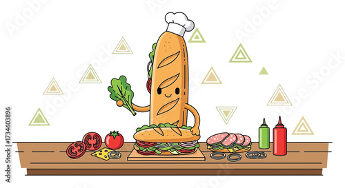 Cartoon illustration featuring a chef baguette preparing a delicious sandwich with fresh