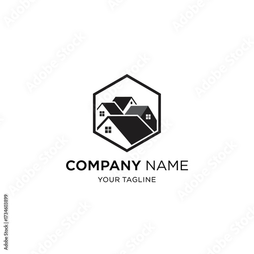 Black and white logo featuring three stylized house roofs within a hexagonal shape, representing a company in real estate or construction.