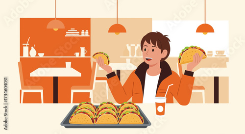 Cartoon illustration of a man holding tacos with a tray full of tacos in a restaurant setting