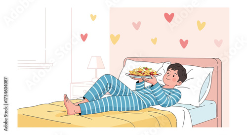 Cartoon illustration of a young man enjoying a plate of food in bed with heart decorations and