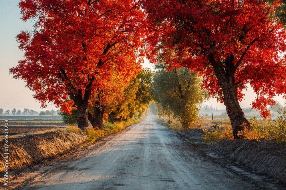 Naklejka premium Country road with red and yellow autumn trees in warm morning light, minimal cozy composition with text space