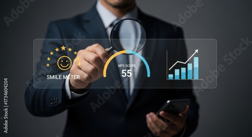 Business man analyzing customer satisfaction metrics with smile meter and N P S score NPS score feedback