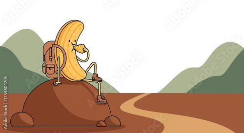 Cartoon potato chip character hiking and enjoying snack amidst mountain backdrop scene