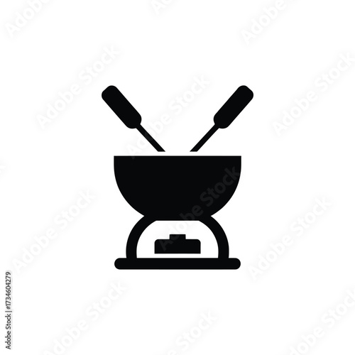 Simple black silhouette icon of a fondue pot with utensils on a white background