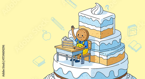 Cartoon student sitting on a desk over a cake, surrounded by educational icons on yellow background