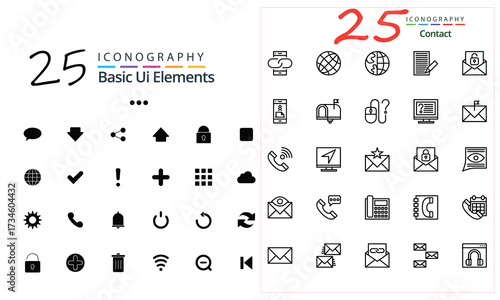 Comprehensive Icon Set Showcasing Basic UI Elements and Contact Symbols for Versatile Application Design and User Interface Creation