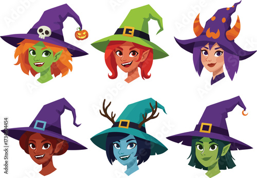 Halloween witch faces, fantasy magical girls, spooky cartoon characters, green skin witches, vector illustration, enchanted sorceress, horned demon witch, mystical costume design