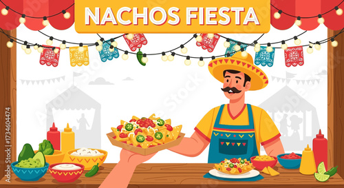 Cartoon vector illustration of a Mexican fiesta with nachos and a man wearing a sombrero hat