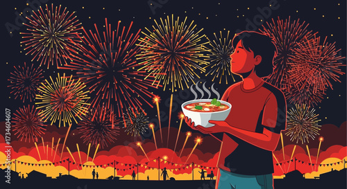 Celebrating a festive tradition with hot soup amidst a dazzling fireworks display