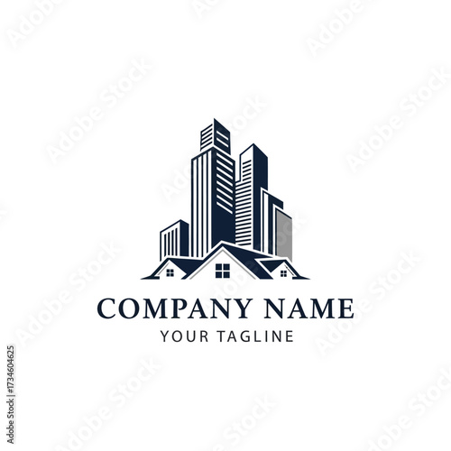 A professional logo design featuring a silhouette of city skyscrapers above a house roofline, with placeholder text.