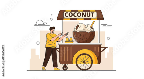 Charming cartoon illustration showcasing a man selling refreshing coconut treats from a vintage cart