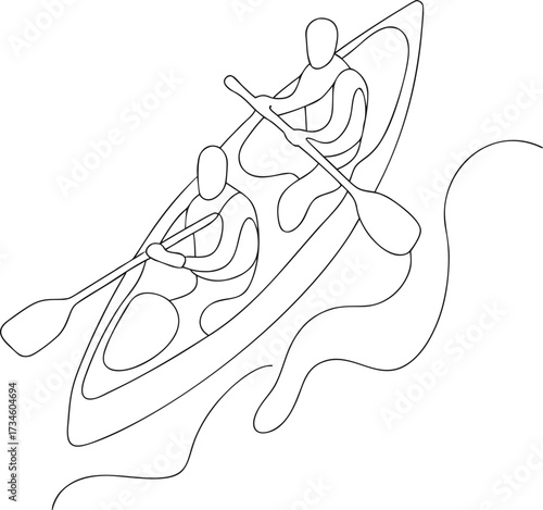 wooden canoe with paddlers navigating river.  transparent background, vector illustration. one line art.