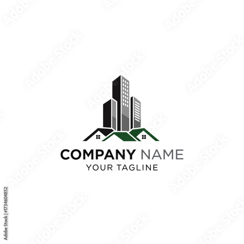 A modern logo design featuring a combination of tall city buildings and residential house roofs, with placeholder text for company name and tagline, set against a white background.