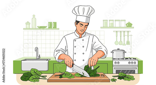 Chef preparing healthy spinach in kitchen illustration for culinary and healthy eating concepts