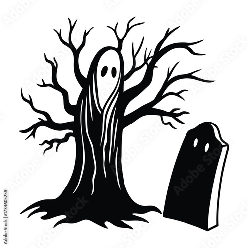 Spooky Ghost Hovering Over Tombstone and Bare Tree
