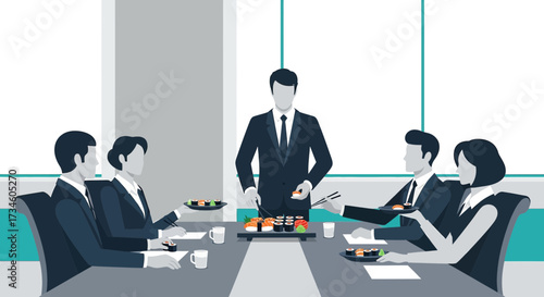 Corporate sushi lunch meeting showcasing teamwork and modern business lunch dynamics in a stylish