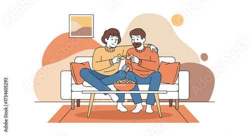 Couple enjoying leisure time at home eating snacks while relaxing on the couch together