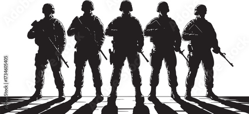 Fotografija Silhouettes of five armed soldiers in tactical gear standing alert