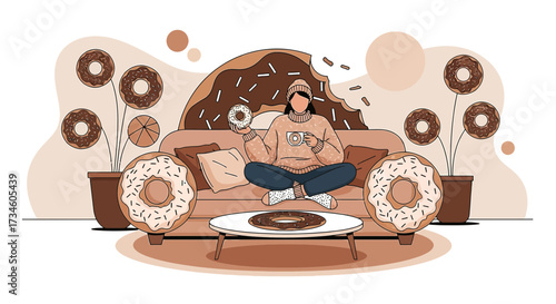 Cozy donut themed living room illustration with a woman enjoying a sweet treat