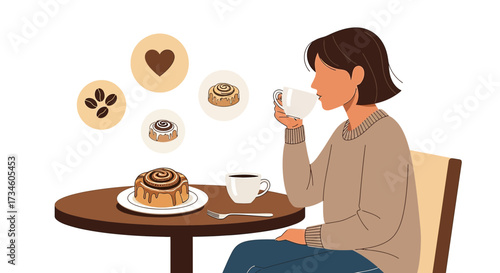 Cozy morning scene with cinnamon roll and coffee concept illustration, morning routine and