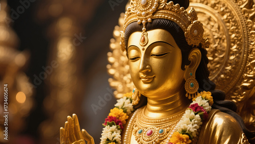 a golden Hindu murugan goddess statue with flower garland in temple background.