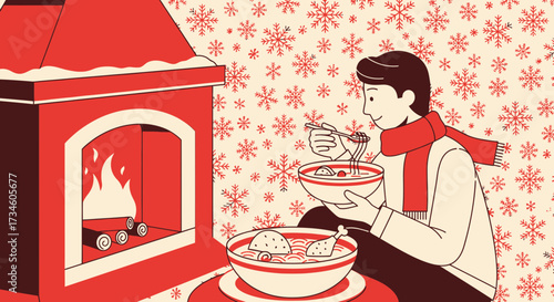Cozy winter scene: Man enjoying warm noodle soup by the fireplace during the holidays