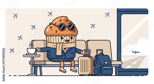 Cupcake traveler waiting at the airport lounge with luggage ready for a journey