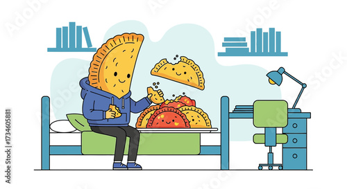 Cute cartoon empanada character eating empanadas in a bedroom setting line art style