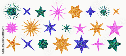 Glitter star stickers in vibrant gold, pink, green, and blue colors. Sparkling sequin texture star with disco shine. Vector design for crafts, invitations, party decor, and Christmas design