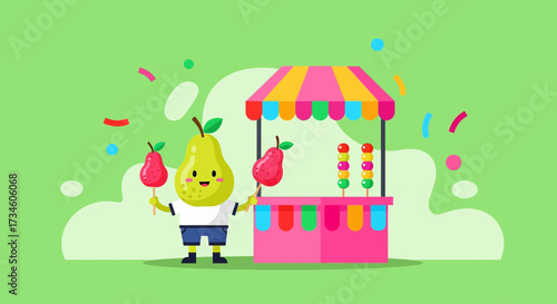Delightful Pear Character Selling Candy Apples at a Colorful Market Booth, illustration style with