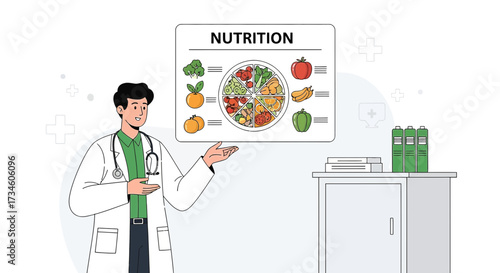 Doctor presenting nutrition infographic for healthy lifestyle and balanced diet choices