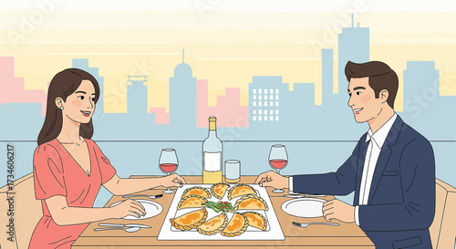 Elegant couple enjoying empanadas and red wine at a restaurant with a city view background
