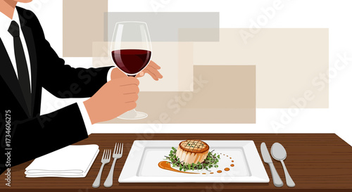 Elegant dining experience with red wine and gourmet dish in a sophisticated setting
