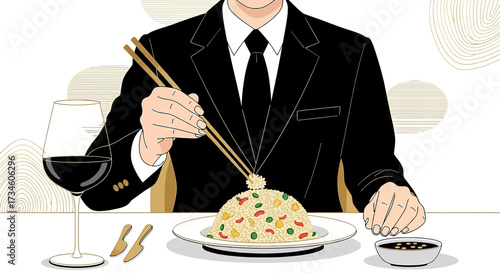 Elegant dining experience with a man in a suit enjoying fried rice with chopsticks