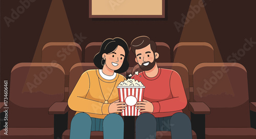 Enjoying a movie date night couple sharing popcorn at cinema theatre illustration