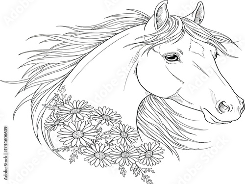 Detailed line art drawing of a horse's head with a flowing mane and a garland of daisies, suitable for a coloring page.