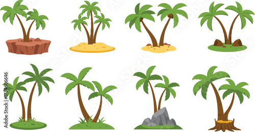 Cartoon palm tree set, tropical island terrain, green fronds illustration, nature landscape design, summer environment, exotic plant vector art