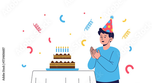 Festive birthday celebration with cheerful man and cake surrounded by confetti