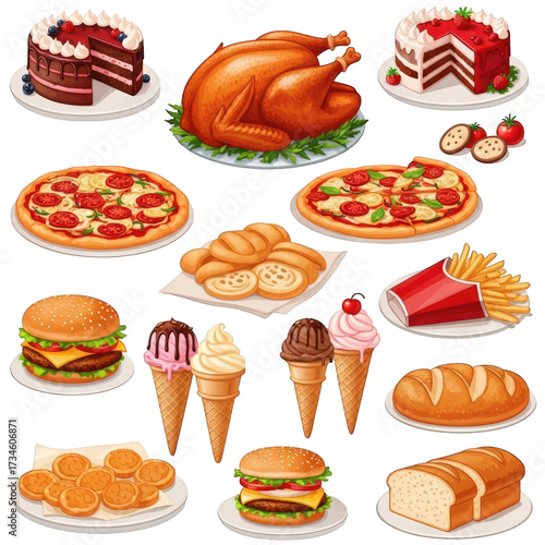 Collection of Assorted Food on Transparent Backdrop. Cakes, Turkey, Pizza, Bread, Burger, Ice Cream, Fries, and Cookies Illustration for Food Market
