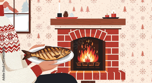 Festive holiday illustration featuring grilled fish and a cozy fireplace scene offering warmth