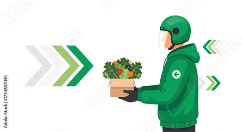 Food delivery service illustration featuring a delivery driver with a salad box in hand vector