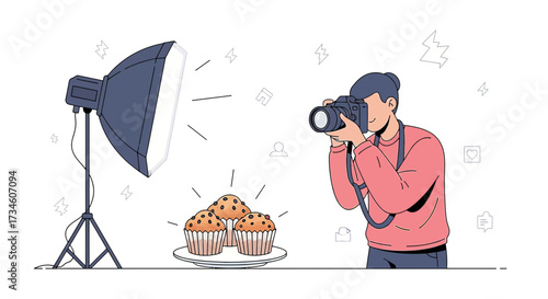Food photography session with a professional photographer taking pictures of muffins in a studio
