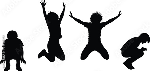 Silhouette of energetic human poses in motion, jumping, crouching, squatting, expressive body movement, black figure on white background