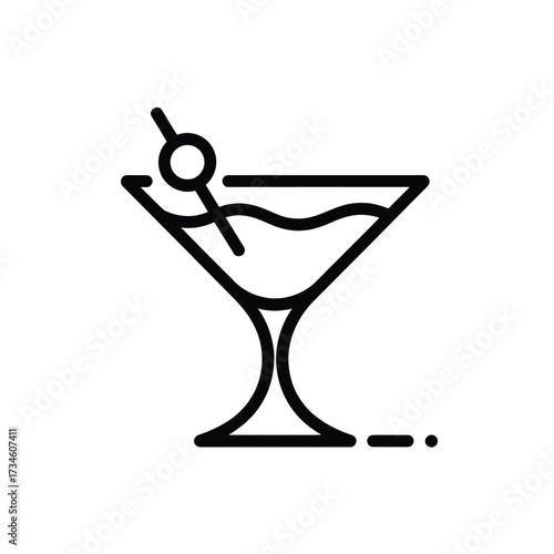 Elegant line art icon of a martini glass with a cocktail garnish and liquid