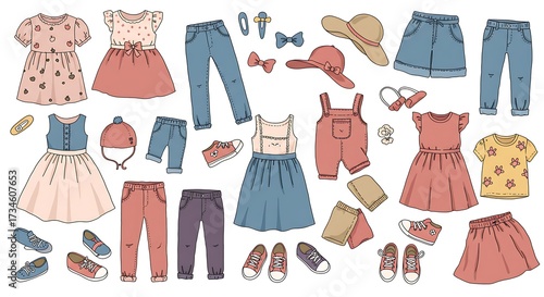 Assortment of childrens clothing items isolated on white background