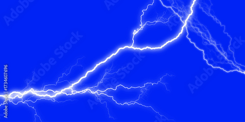 A dramatic display of blue lightning bolts against a dark background. Electric blue light casts vibrant purple, magenta, and blue hues on a dark background, creating a stunning visual pattern, 