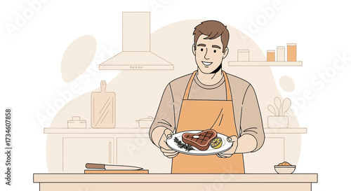 Happy man in apron holding a plate with steak in kitchen home preparing dinner
